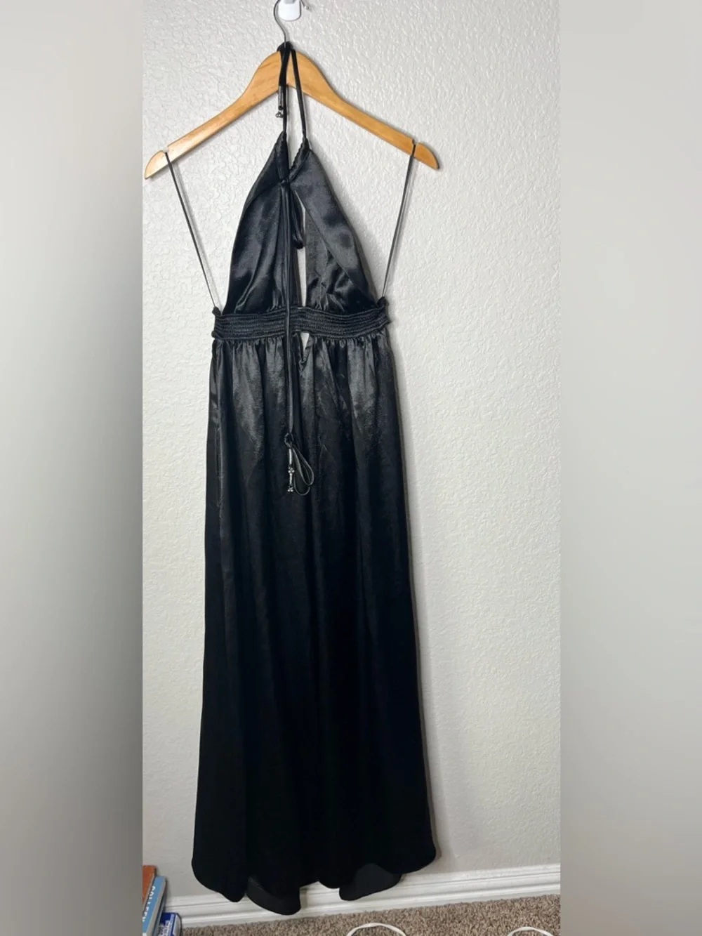 Free People Look Into The Sun Satin Cutouts Halter Gown Maxi Dress Black XS - Picture 6 of 12